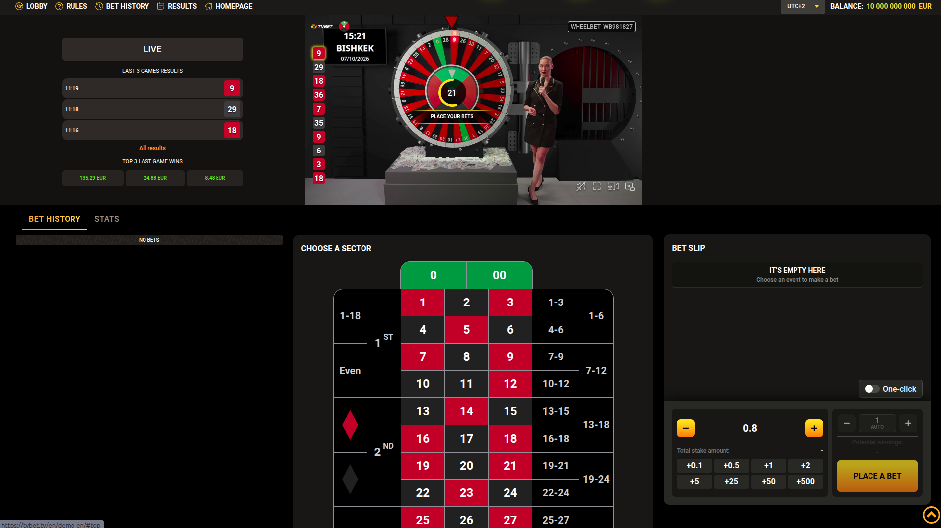 Capture de démonstration WHEELBET de TVBET : roue et présentatrice.