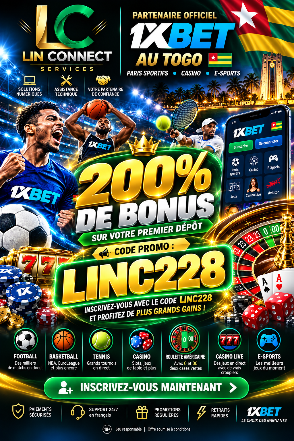 Affiche LIN CONNECT au Togo : sport, casino, e-sports, offre annoncée de 200 % au premier dépôt et code LINC228.